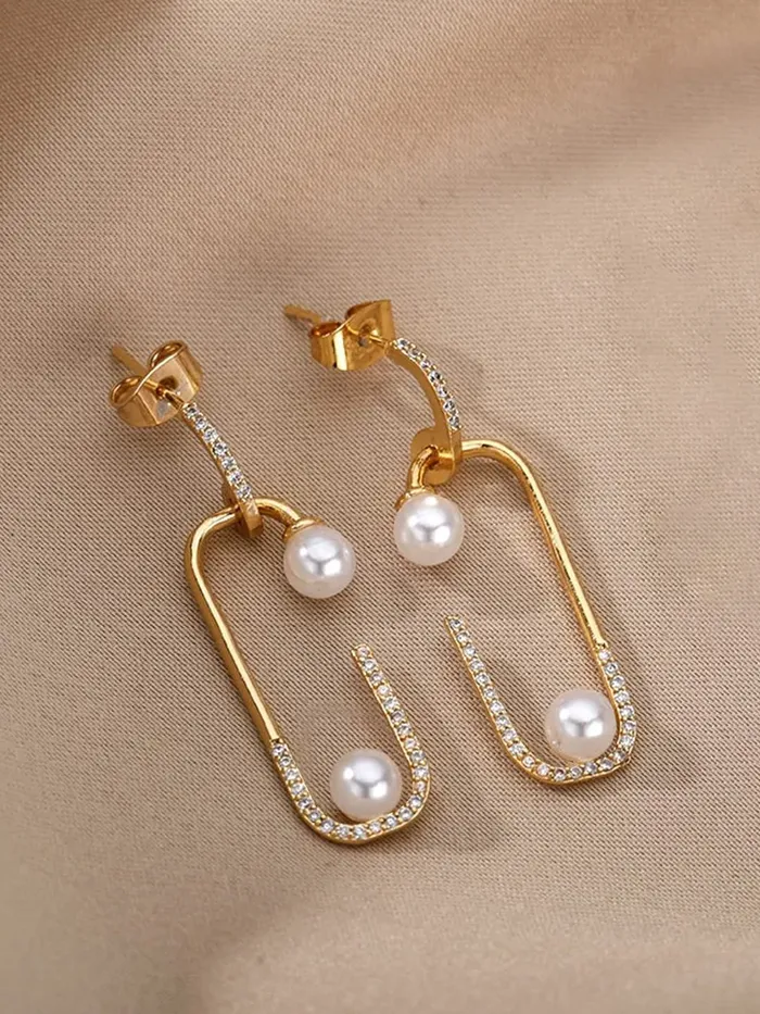 Bracelets Yellow Chimes Earrings For Women Gold Tone Pin Shaped Pearl Studded Glitzy Drop Earrings For Women and Girls Yellow Chimes