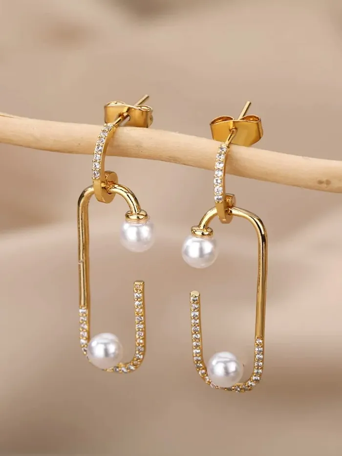 Bracelets Yellow Chimes Earrings For Women Gold Tone Pin Shaped Pearl Studded Glitzy Drop Earrings For Women and Girls Yellow Chimes