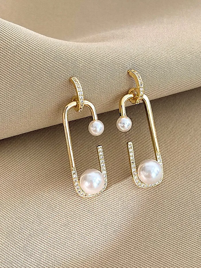 Bracelets Yellow Chimes Earrings For Women Gold Tone Pin Shaped Pearl Studded Glitzy Drop Earrings For Women and Girls Yellow Chimes