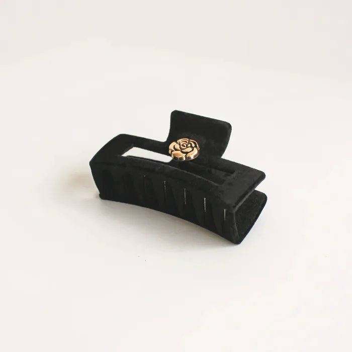 Candlewick Gift Shop Black Velvet Hair Clip Gold Flower Earrings