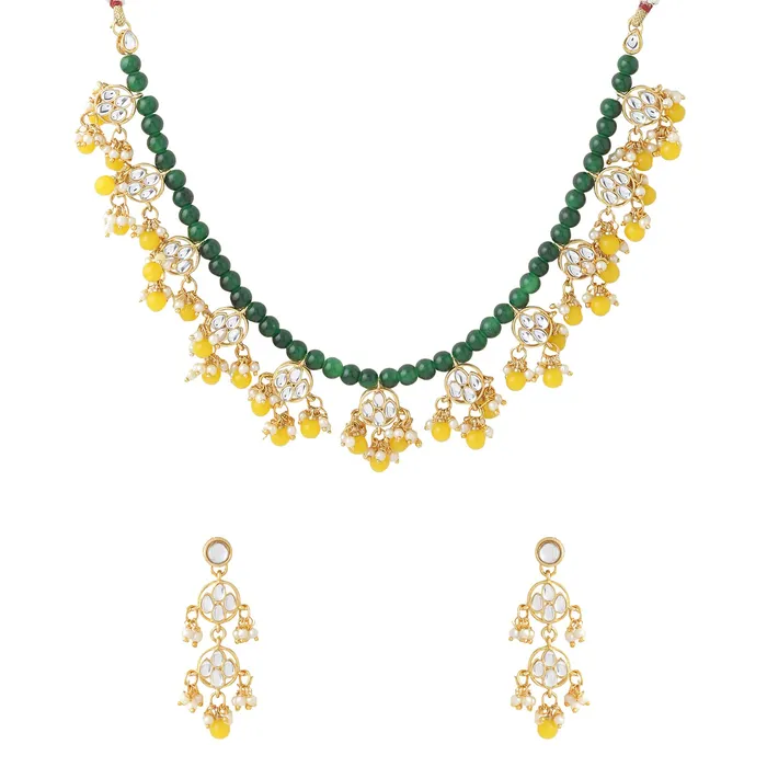 Earrings Yellow Chimes Jewellery Set for Women and Girls Kundan Necklace Set Gold Plated White Beads Drop Kundan Choker Necklace Set Birthday Gift for girls and women Anniversary Gift for Wife Yellow Chimes