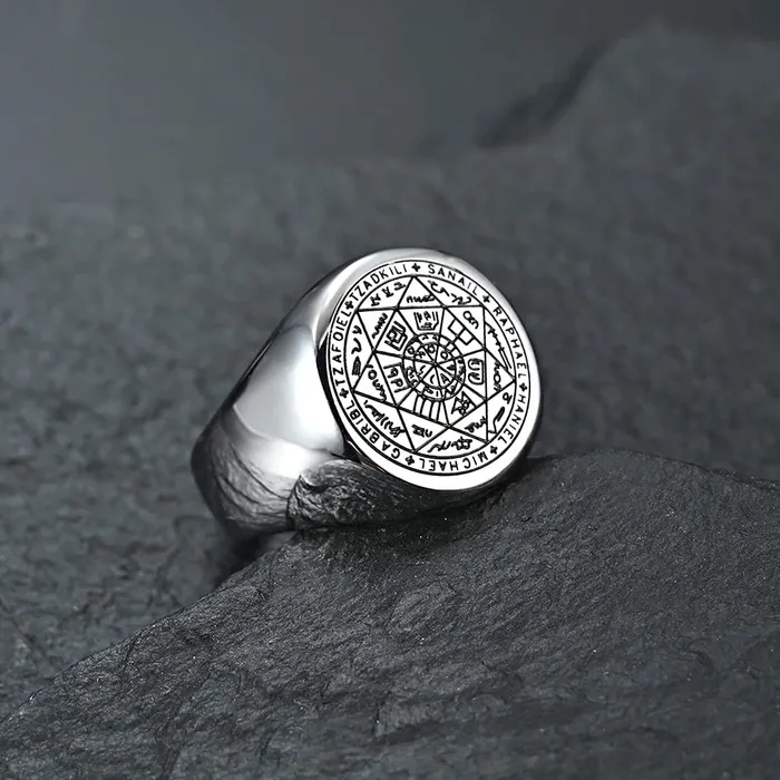 Earrings Yellow Chimes Rings for Men Stainless Steel Silver Ring The Seals of The Seven Archangels Protection Band Designed Ring for Men and Boys Yellow Chimes