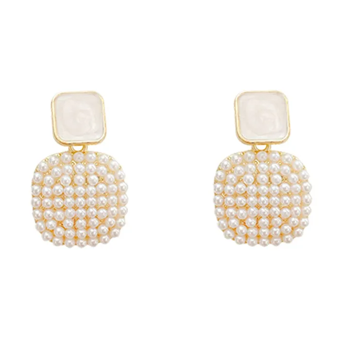 Earrings Yellow Chimes Yellow Chimes Earrings For Women White Color Small Pearl Beads Studded Geometrical Shape Drop Earrings For Women and Girls