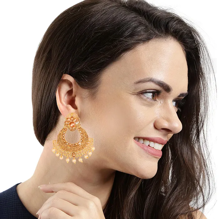 Earrings Yellow Chimes Yellow Chimes Golden Kundan Studded Pearl Chand Bali Earrings for Women and Girls