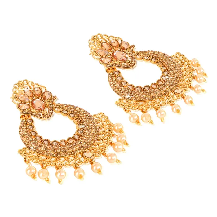 Earrings Yellow Chimes Yellow Chimes Golden Kundan Studded Pearl Chand Bali Earrings for Women and Girls