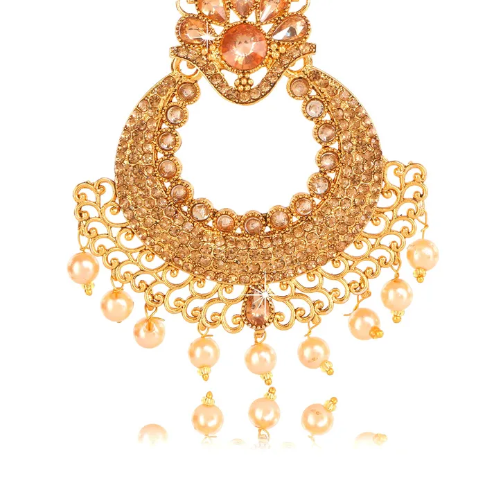 Earrings Yellow Chimes Yellow Chimes Golden Kundan Studded Pearl Chand Bali Earrings for Women and Girls
