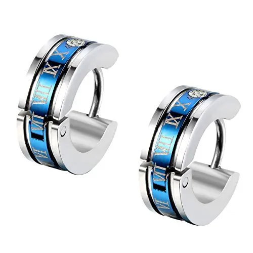 Earrings Yellow Chimes Yellow Chimes Hoop Earrings for Men Roman Numbers Western Style 316L Stainless Steel Blue Hoop Earrings for Men and Women