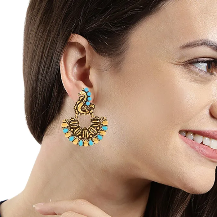 Earrings Yellow Chimes Yellow Chimes Turquoise Elegant Peacock Shaped Oxidised Golden Traditional Chandbali Earrings for Women and Girls