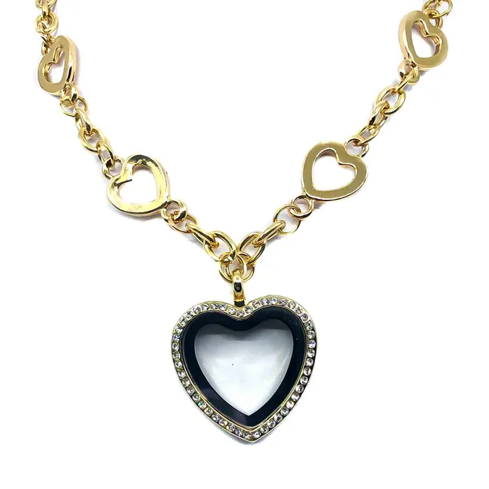 Necklaces JE0074 Glass Locket Pendant Magnetic Heart Gold Plated Rhinestone Necklaces JE0074 Glass Locket Pendant Magnetic Heart Gold Plated Rhinestone