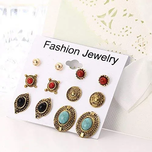 Necklaces Yellow Chimes Yellow Chimes 6 Assorted Pairs Afghani Studs Combo Set Golden Oxidized Stylish Studs Earrings for Women Girls