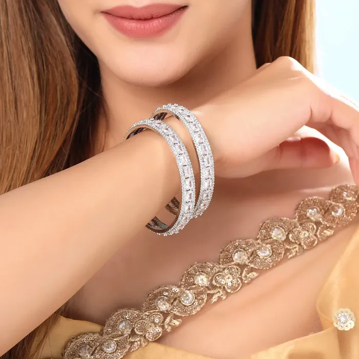 Necklaces Yellow Chimes Yellow Chimes Bangles for Women and Girls American Diamond Bangles for women Silver Tone White AD Stone Bangles Birthday Gift For girls and women Anniversary Gift for Wife