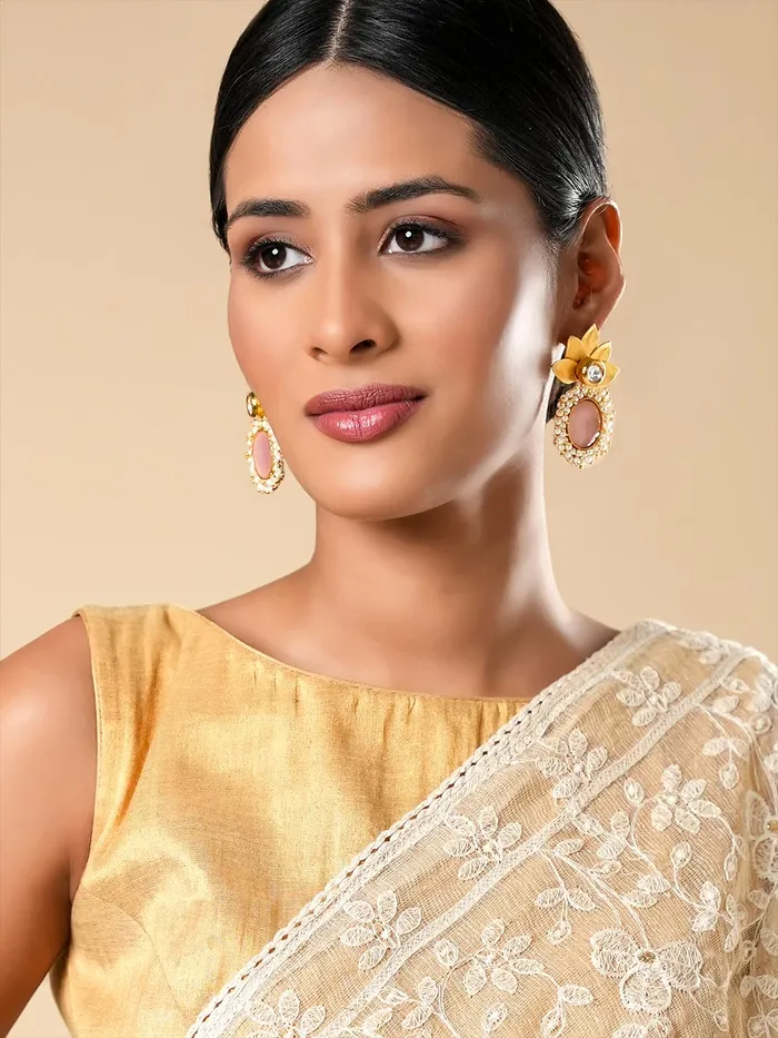 Necklaces Yellow Chimes Yellow Chimes Earrings for Women Gold Toned Floral Designed Pink Crystal Studded with Beads Drop Earrings for Women and Girls