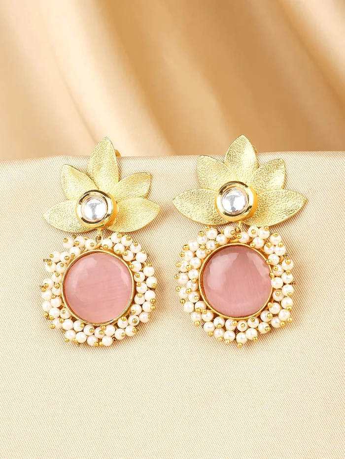 Necklaces Yellow Chimes Yellow Chimes Earrings for Women Gold Toned Floral Designed Pink Crystal Studded with Beads Drop Earrings for Women and Girls