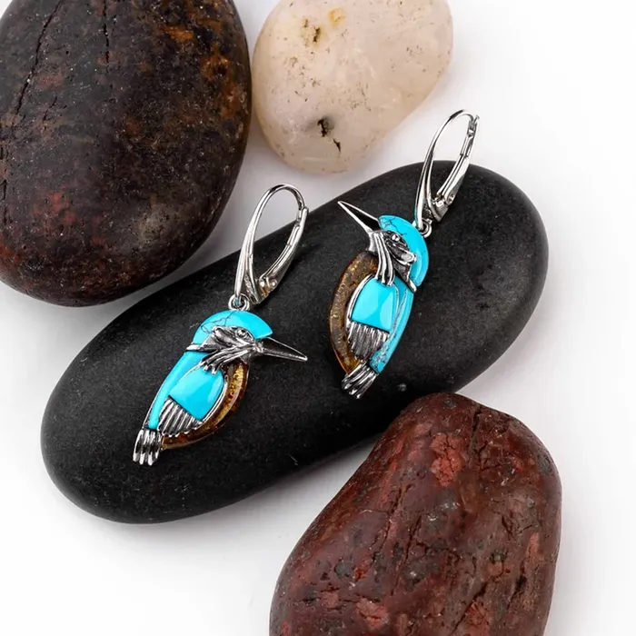 Necklaces Yellow Chimes Yellow Chimes Earrings For Women Silver Toned Blue Colored Bird Hanging Huggie Hoop Drop Earrings For Women and Girls