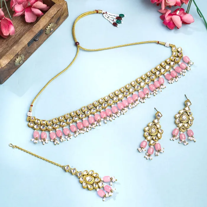 Necklaces Yellow Chimes Yellow Chimes Jewellery Set for Women and Girls Kundan Necklace Set Gold Plated Kundan Studded Pink Beads Drop Necklace Set Birthday Gift for girls and women Anniversary Gift for Wife