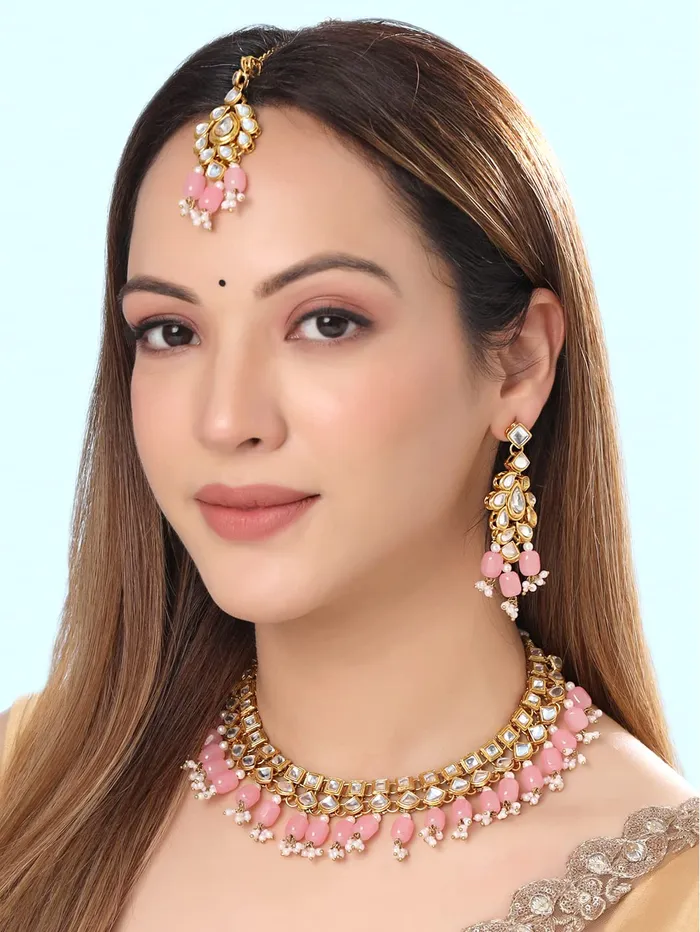 Necklaces Yellow Chimes Yellow Chimes Jewellery Set for Women and Girls Kundan Necklace Set Gold Plated Kundan Studded Pink Beads Drop Necklace Set Birthday Gift for girls and women Anniversary Gift for Wife