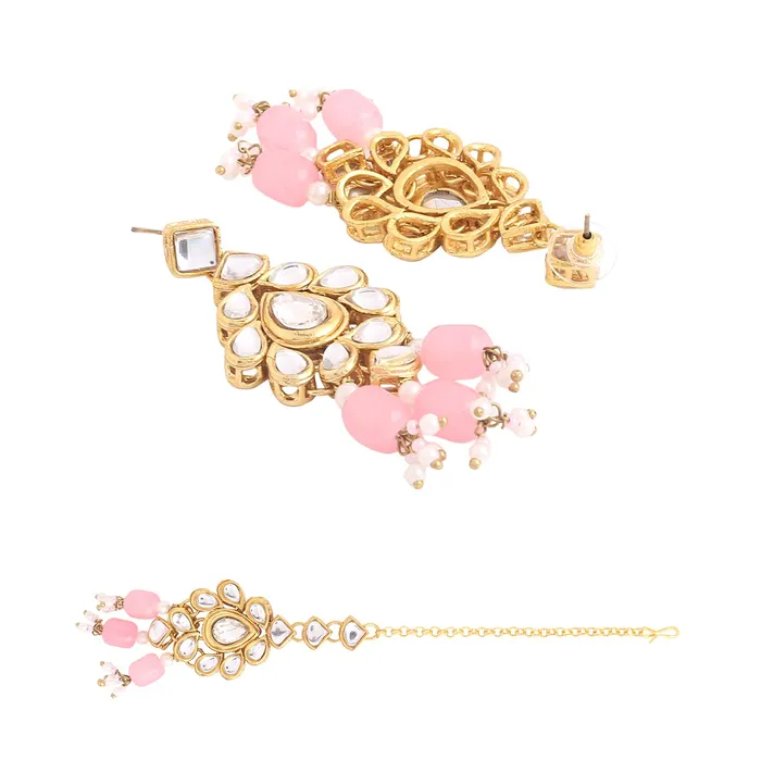 Necklaces Yellow Chimes Yellow Chimes Jewellery Set for Women and Girls Kundan Necklace Set Gold Plated Kundan Studded Pink Beads Drop Necklace Set Birthday Gift for girls and women Anniversary Gift for Wife