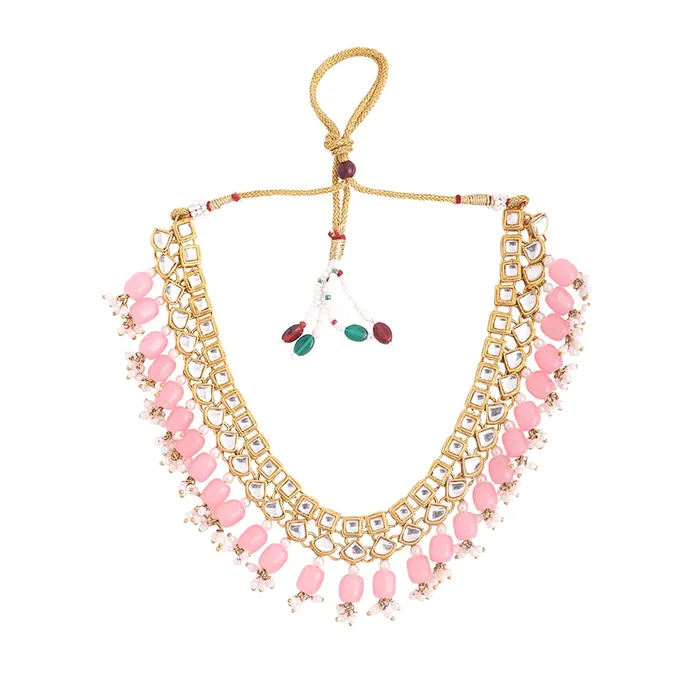 Necklaces Yellow Chimes Yellow Chimes Jewellery Set for Women and Girls Kundan Necklace Set Gold Plated Kundan Studded Pink Beads Drop Necklace Set Birthday Gift for girls and women Anniversary Gift for Wife