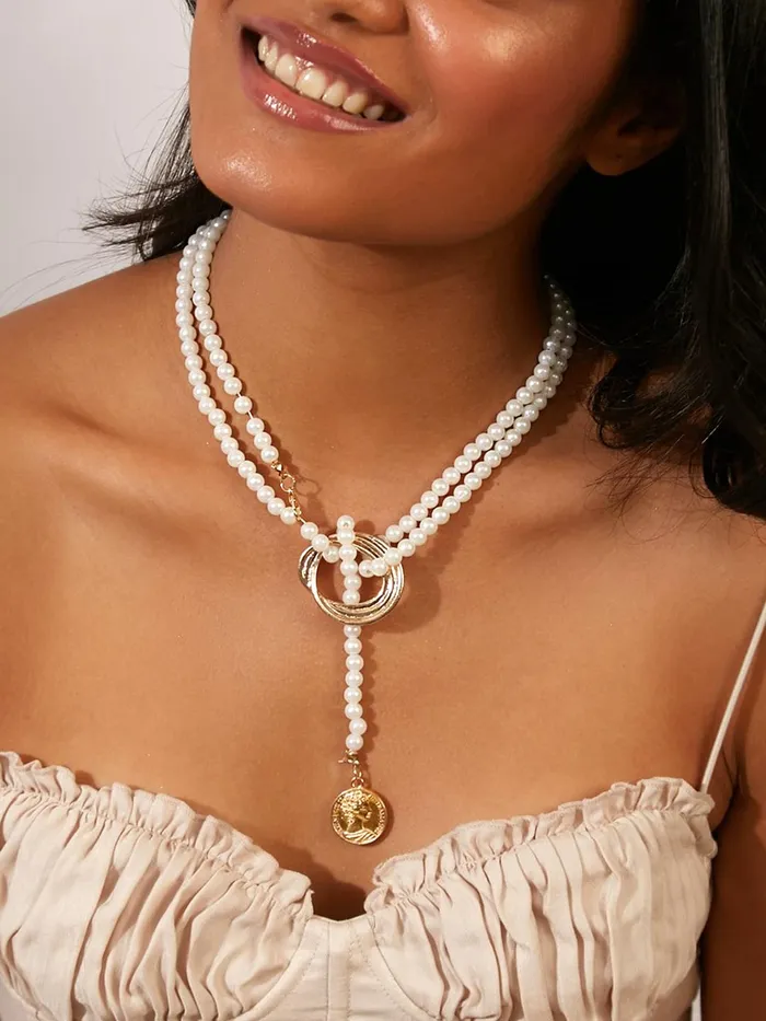 Rings Yellow Chimes Yellow Chimes Necklace For Women Pearl Beaded Elegant Knot Designed NeckPiece For Women and Girls