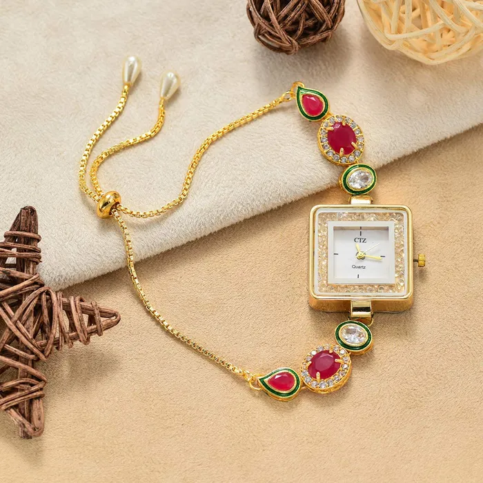 Yellow Chimes Classic Design Crystal Studded Kundan Gold Plated Traditional Square Shaped Adjuatable Chain Charm Bracelet for Women Girls Yellow Chimes Necklaces