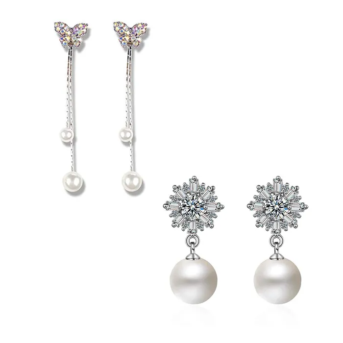 Yellow Chimes Combo of Two Pairs Designer Crystal Flower Pearl Butterfly Drop Earrings for Women and Girls Yellow Chimes Earrings