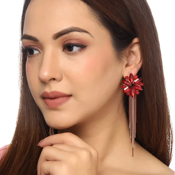 Yellow Chimes Crystal Danglers Earrings for Women Floral Shaped Crystal Black Long Chain Dangler Earrings for Women and Girls Yellow Chimes Necklaces
