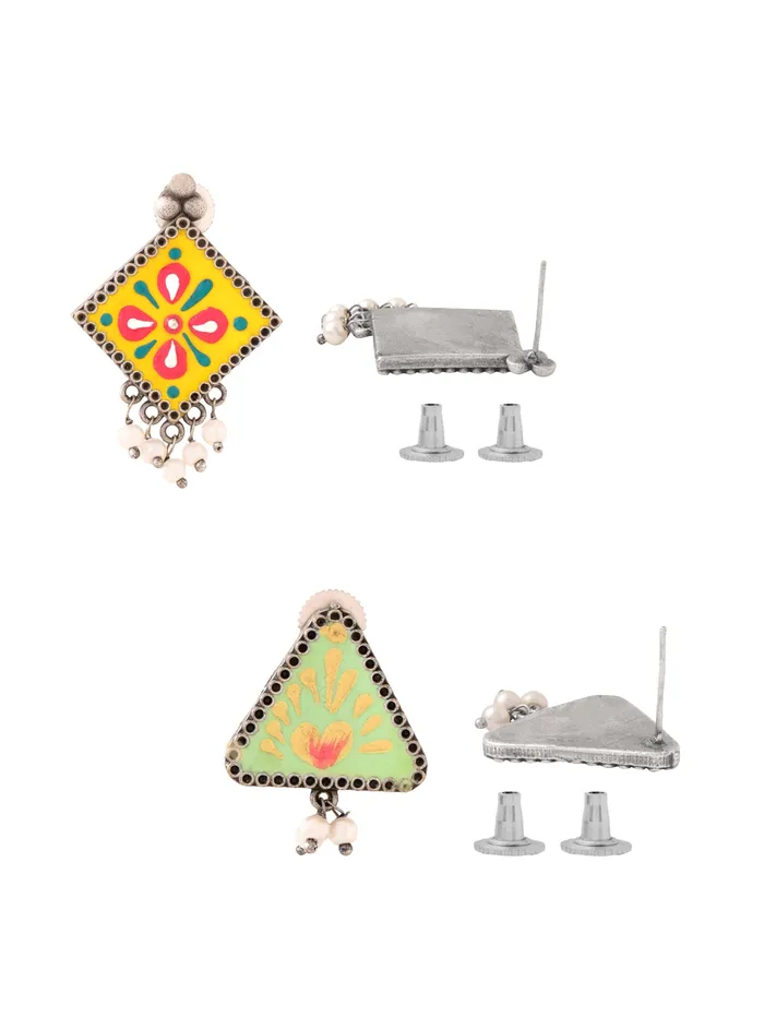 Yellow Chimes Earrings Combo of 2 Pairs Silver Oxidised Meenakari Earrings for Women Traditional Design Lightweight Multi