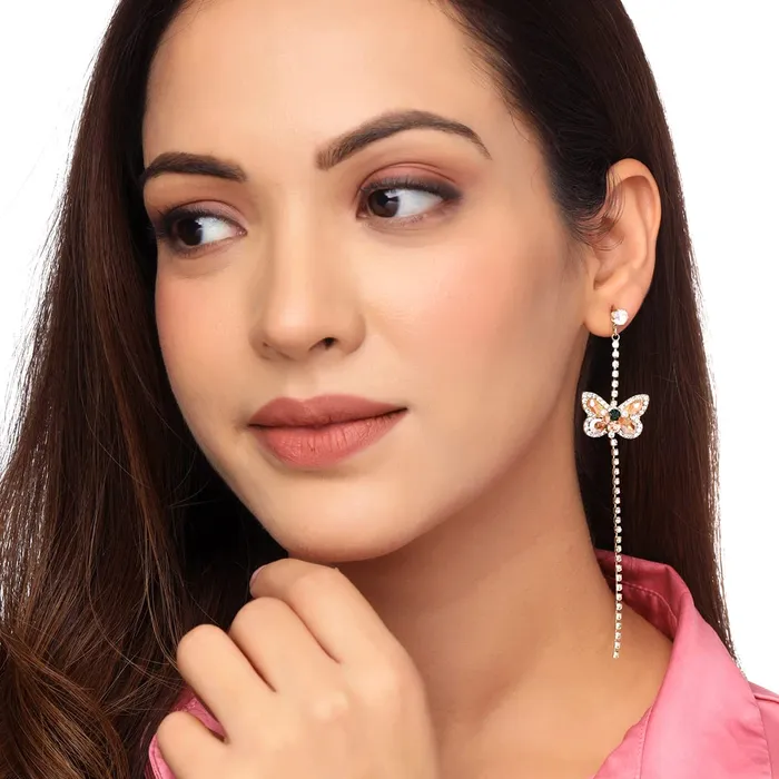 Yellow Chimes Earrings For Women Gold Tone Crystal Long Chain With Butterfly Stud Dangle Earrings For Women and Girls Yellow Chimes Necklaces