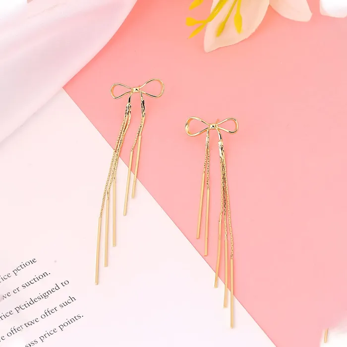 Yellow Chimes Earrings For Women Gold Toned Bow Knot Shaped Stud With Linear Chains Hanging Dangler Earrings For Women and Girls Yellow Chimes Necklaces