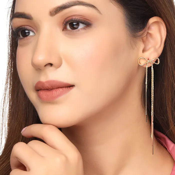 Yellow Chimes Earrings For Women Gold Toned Bow Knot Shaped Stud With Linear Chains Hanging Dangler Earrings For Women and Girls Yellow Chimes Necklaces