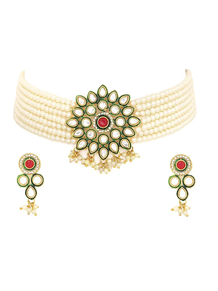 Yellow Chimes Earrings Yellow Chimes Kundan Jewellery Set for Women Multilayed Pearl Choker Necklace Set Gold Plated Traditional Necklace Set for Women and Girls