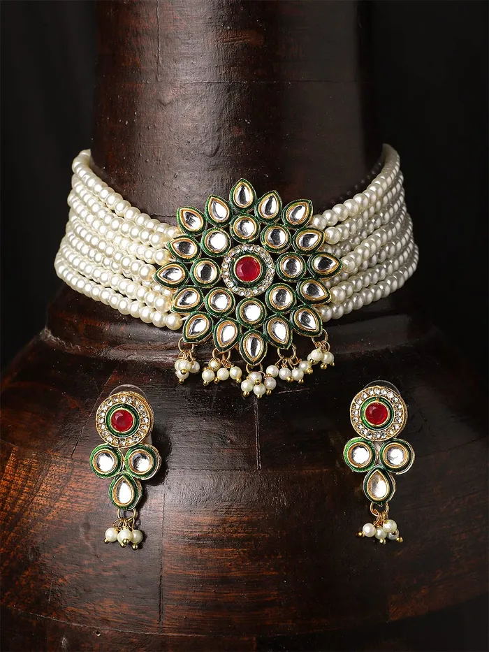 Yellow Chimes Earrings Yellow Chimes Kundan Jewellery Set for Women Multilayed Pearl Choker Necklace Set Gold Plated Traditional Necklace Set for Women and Girls