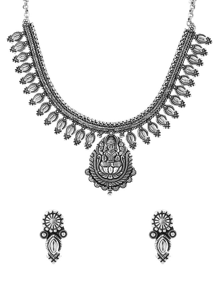 Yellow Chimes Earrings Yellow Chimes Oxidised Jewellery Set for Women Authentic Kolhapuri Work Handmade Silver Traditional Choker Necklace Sets for Women and Girls