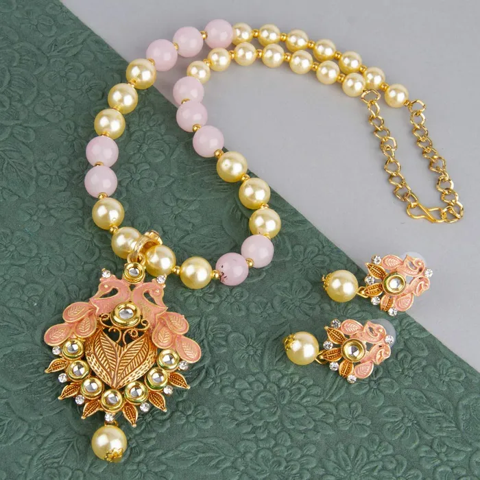 Yellow Chimes Exclusive Traditional Floral Peacock Desaign Pearl Kundan Necklace with Drop Earrings for Women Yellow Chimes Necklaces