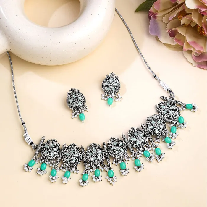Yellow Chimes Jewellery Set for Women and Girls Choker Set for Women Silver Tone Green Beads Drop Choker Necklace Set for Women Birthday Gift For Girls and Women Anniversary Gift for Wife Yellow Chimes Necklaces