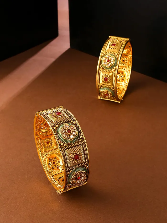 Yellow Chimes Necklaces Yellow Chimes Bangles for Women Gold Toned Red Stone Studded Set of 2 Pcs Meenakari Touch Bangles for Women and Girls