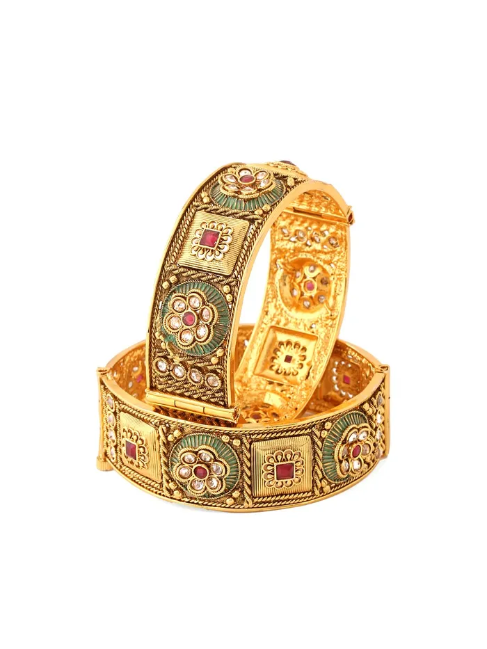 Yellow Chimes Necklaces Yellow Chimes Bangles for Women Gold Toned Red Stone Studded Set of 2 Pcs Meenakari Touch Bangles for Women and Girls