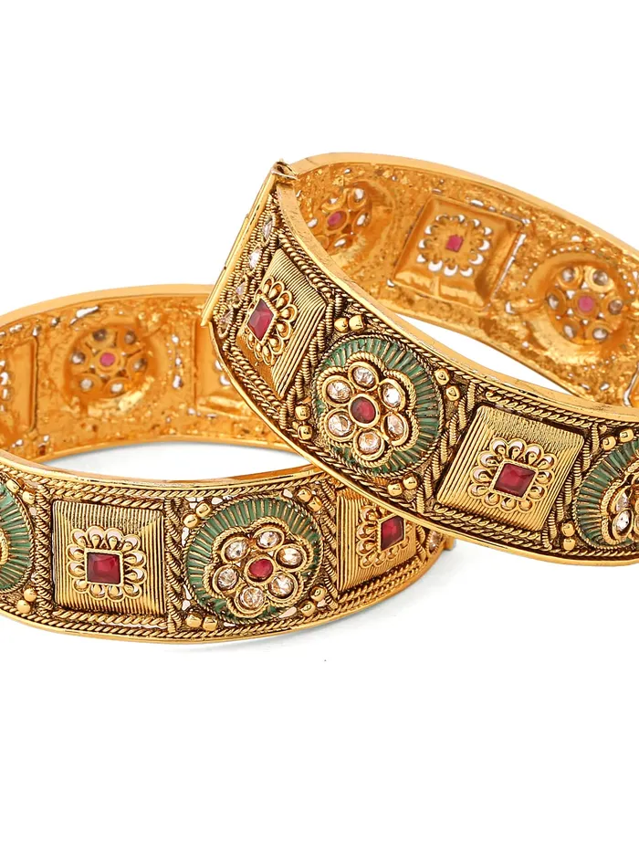 Yellow Chimes Necklaces Yellow Chimes Bangles for Women Gold Toned Red Stone Studded Set of 2 Pcs Meenakari Touch Bangles for Women and Girls