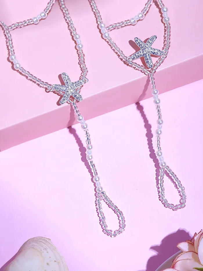 Yellow Chimes Necklaces Yellow Chimes Beads Anklets with Toe Ring for Women Beach Anklet Chain with Starfish Ladys Beach Wedding Foot Jewelry For Women and Girls