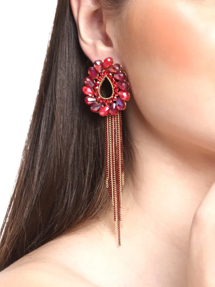 Yellow Chimes Necklaces Yellow Chimes Crystal Danglers Earrings for Women Tear Drop Shaped Crystal Red Long Chain Dangler Earrings for Women and Girls