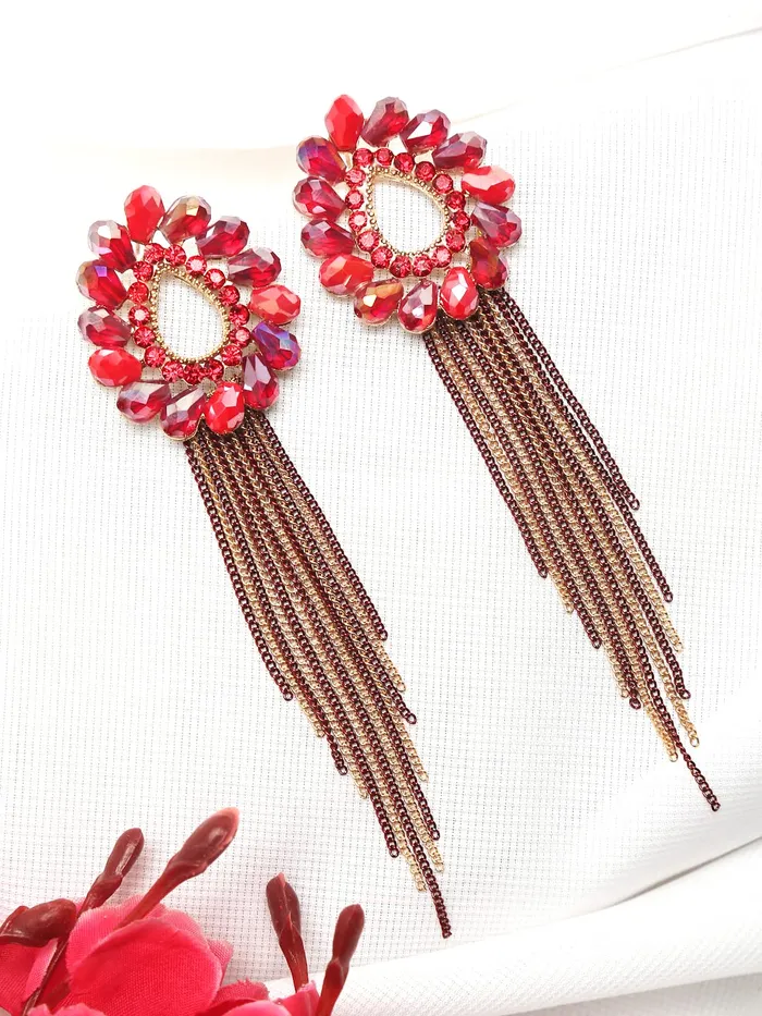 Yellow Chimes Necklaces Yellow Chimes Crystal Danglers Earrings for Women Tear Drop Shaped Crystal Red Long Chain Dangler Earrings for Women and Girls