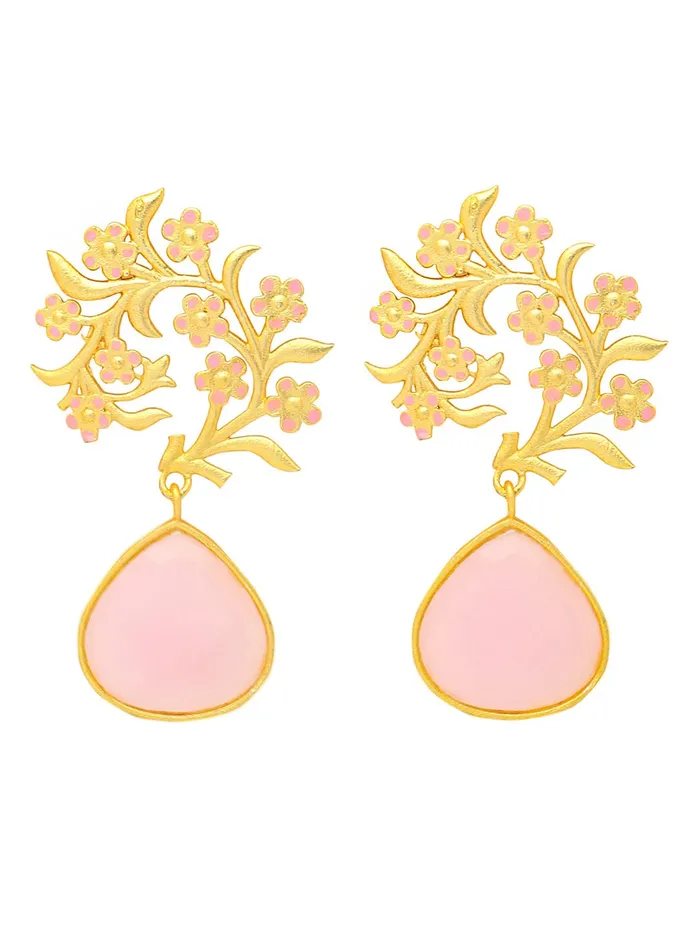 Yellow Chimes Necklaces Yellow Chimes Drop Earrings for Women Traditional Gold Plated Studded Pink Stone Ethnic Floral Shaped Drop Earrings for Women and Girls