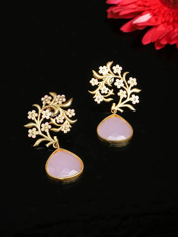 Yellow Chimes Necklaces Yellow Chimes Drop Earrings for Women Traditional Gold Plated Studded Pink Stone Ethnic Floral Shaped Drop Earrings for Women and Girls