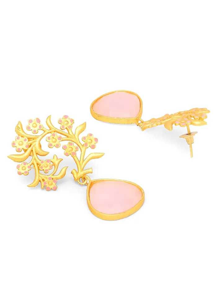 Yellow Chimes Necklaces Yellow Chimes Drop Earrings for Women Traditional Gold Plated Studded Pink Stone Ethnic Floral Shaped Drop Earrings for Women and Girls