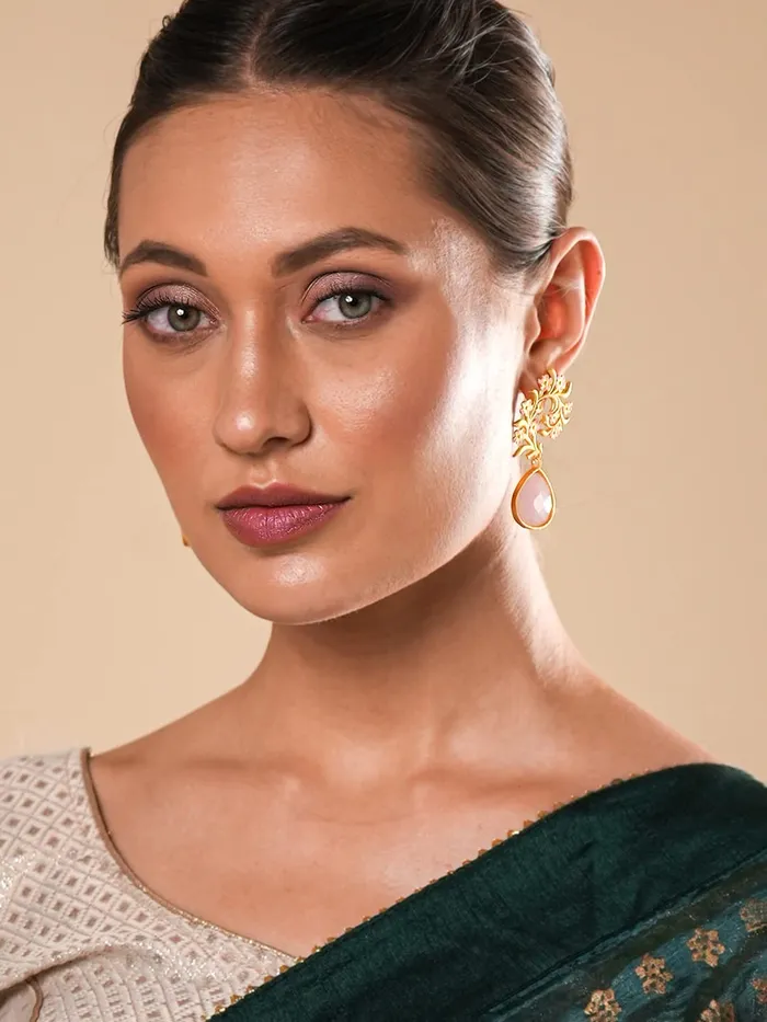 Yellow Chimes Necklaces Yellow Chimes Drop Earrings for Women Traditional Gold Plated Studded Pink Stone Ethnic Floral Shaped Drop Earrings for Women and Girls