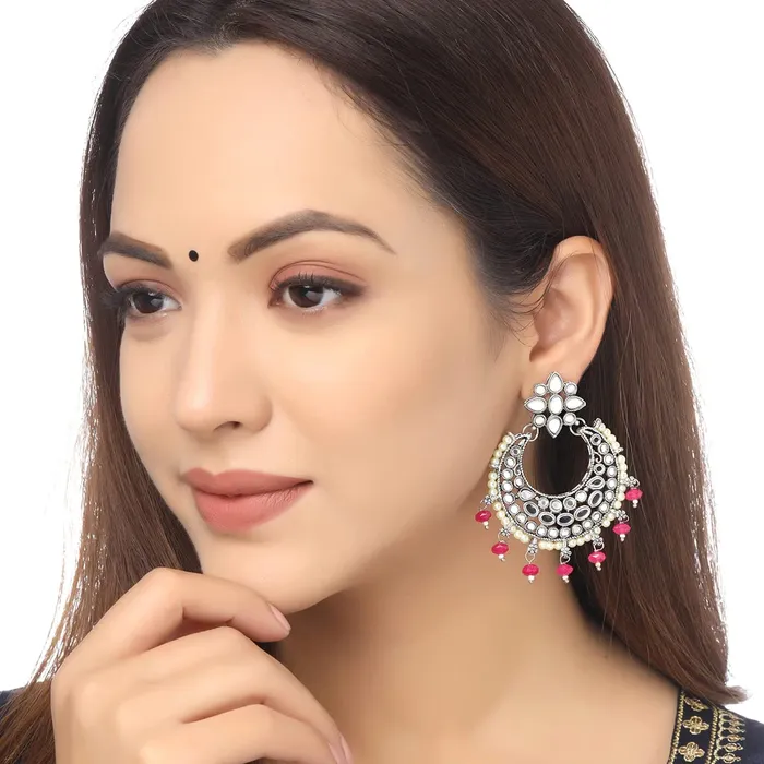 Yellow Chimes Necklaces Yellow Chimes Earrings for Women and Girls Traditional Kundan Chandbali Silver Plated Kundan Stone Chand Baliyan Earrings Birthday Gift for girls and women Anniversary Gift for Wife