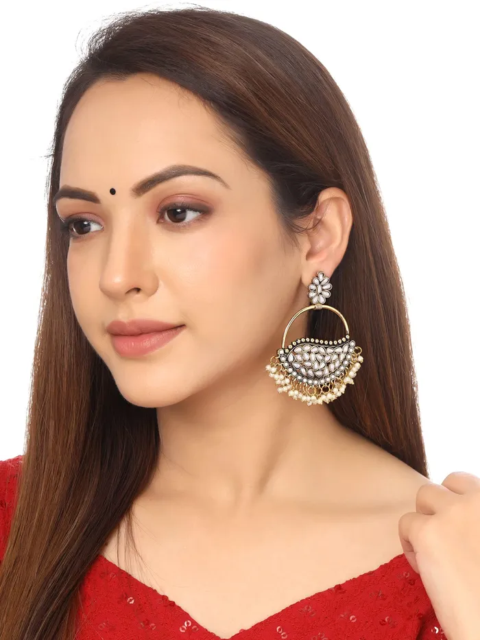 Yellow Chimes Necklaces Yellow Chimes Earrings For Women Silver Toned Floral Shaped White Stone and Pearl Studded Chandbali Earrings For Women and Girls