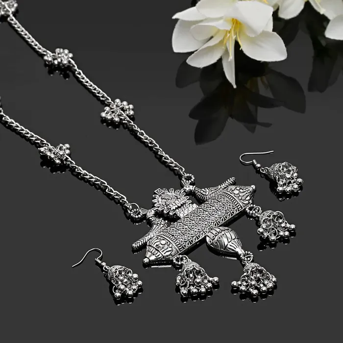 Yellow Chimes Necklaces Yellow Chimes Jewellery Set for Women and Girls Traditional Silver Oxidised Jewellery Set Silver Oxidized Necklace Set Birthday Gift For Girls Women Anniversary Gift for Wife
