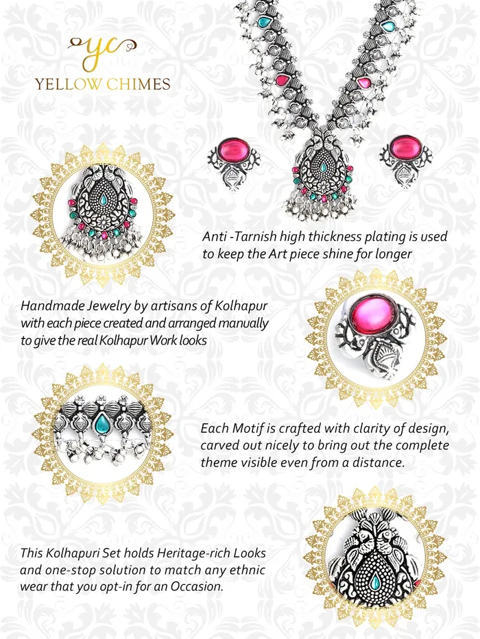 Yellow Chimes Oxidised Jewellery Set for Women Authentic Kolhapuri Worked Silver Oxidized Long Necklace Set for Women and Girls Yellow Chimes Bracelets