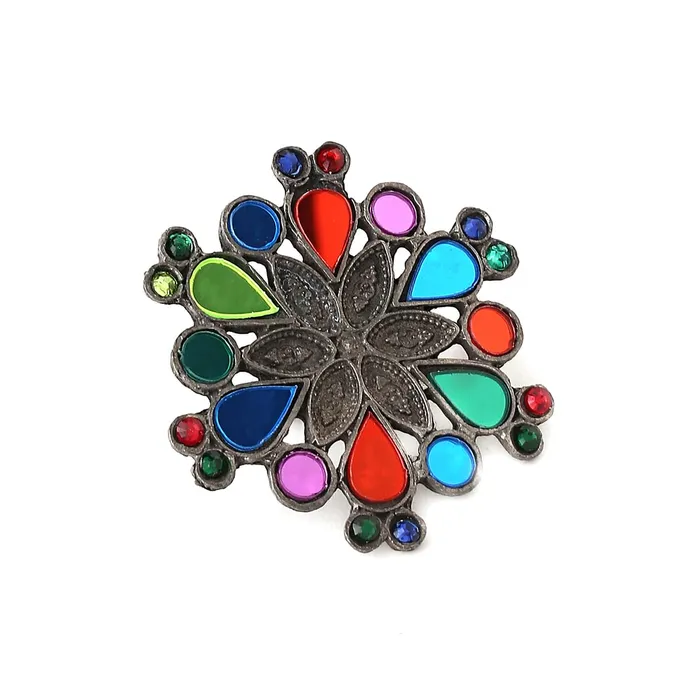 Yellow Chimes Rings Yellow Chimes Rings For Women Afgahni Silver Oxidised Floral Designed Multicolor Stone Studded Antique Finger Ring For Women and Girls